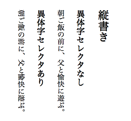 OS X 10.11 上の Safari 9 で異体字セレクタを含む漢字を縦書きの中で出力した例。「朝」などの異体字セレクタがある漢字が90度回転してしまっている。